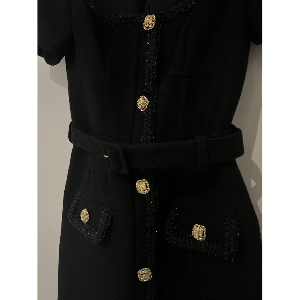 Self-Portrait Black Tweed Dress – Gold Button Detail – Classic Chic